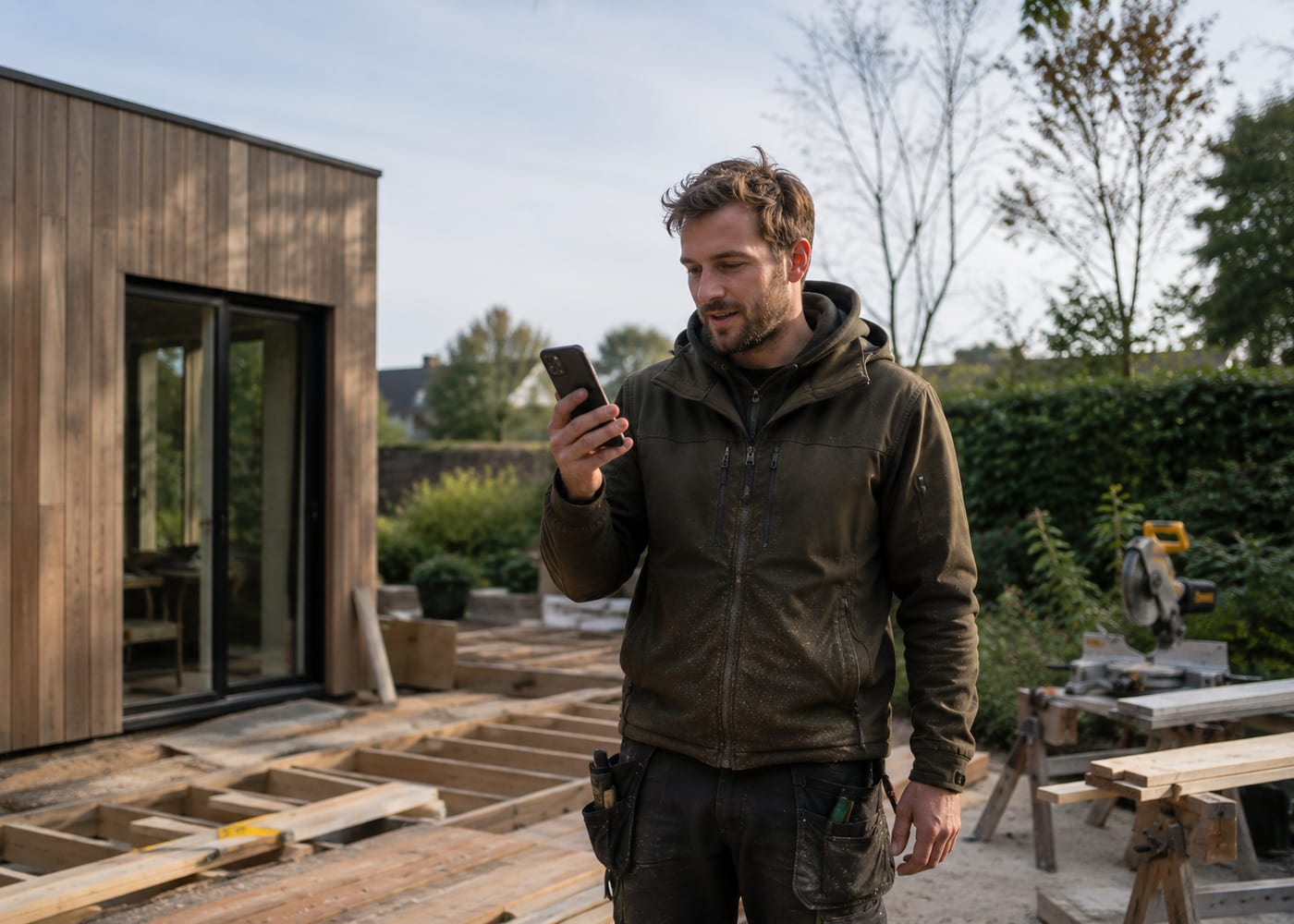 Een aannemer bekijkt zijn telefoon bij een terras in aanbouw, met houten balklaag en verstekzaag