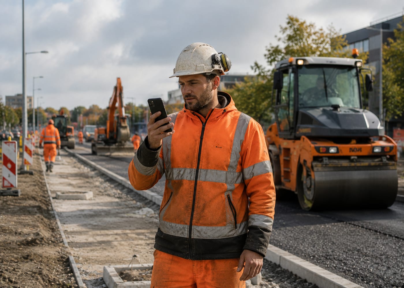 Een wegwerker in oranje jas kijkt op zijn telefoon op een opgebroken straat, met een wals naast hem