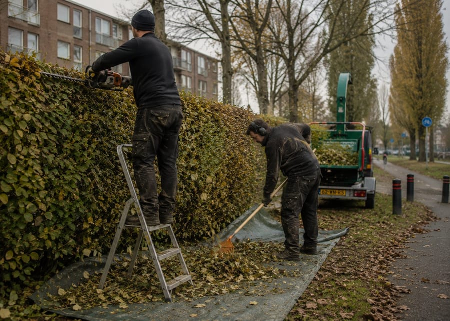 Hoveniers knippen een beukenhaag