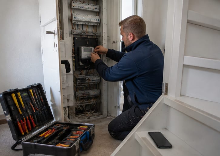 Een monteur werkt in een meterkast met zijn gereedschapskoffer open naast zich