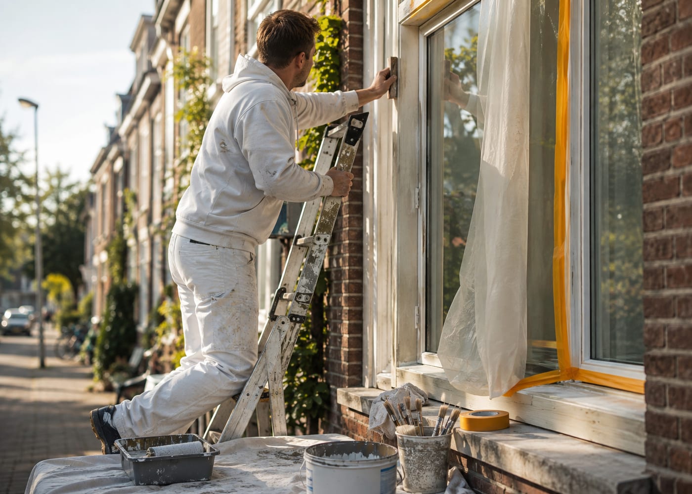 Een schilder op een ladder schuurt het kozijn van een rijtjeshuis, met het raam afgeplakt en zijn kwasten op de vensterbank