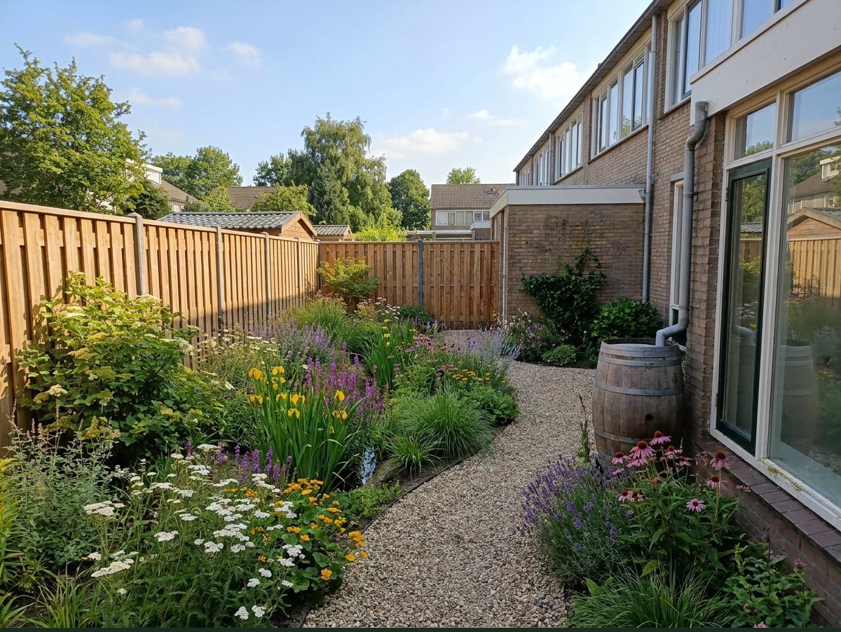 Dezelfde tuin als impressie: een grindpad, borders vol vaste planten en een regenton, met dezelfde schutting en schuur